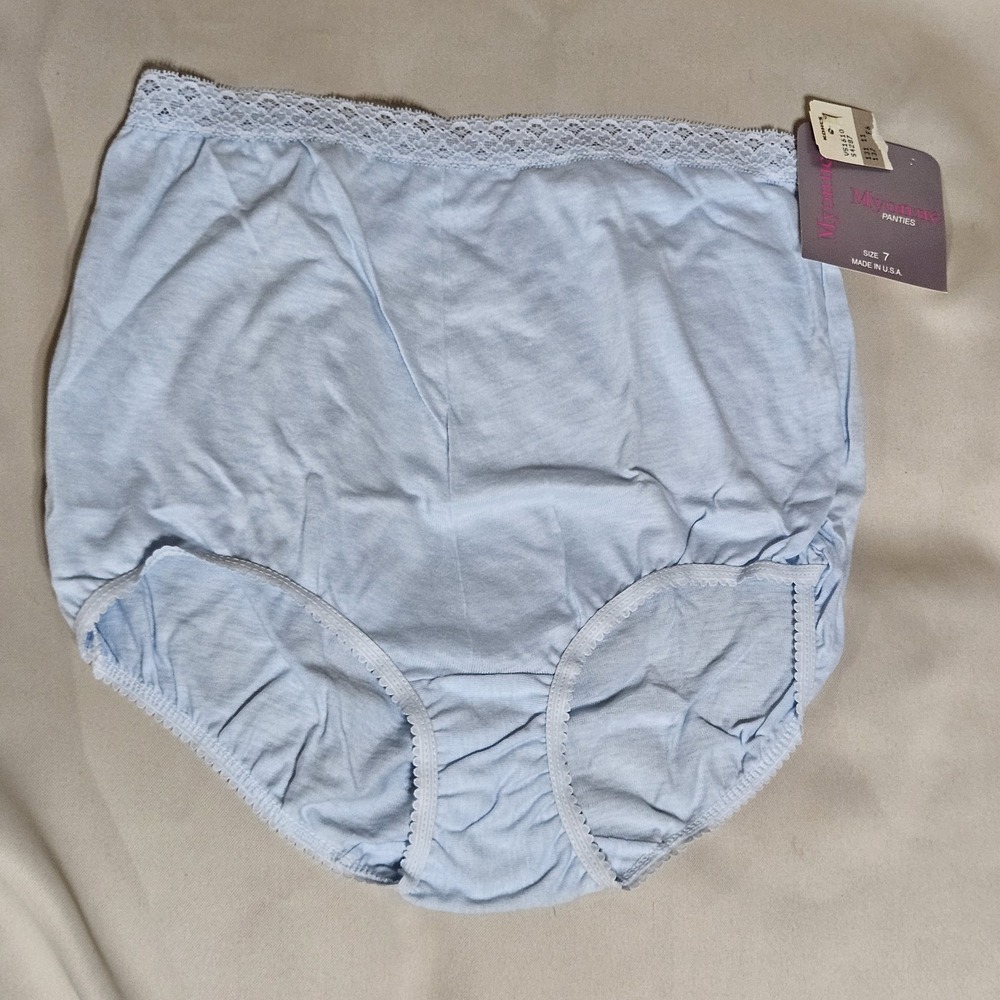 Myonne Vintage High Rise Brief Panties‎ Size 7 Blue Cotton Lace Trim Made in USA